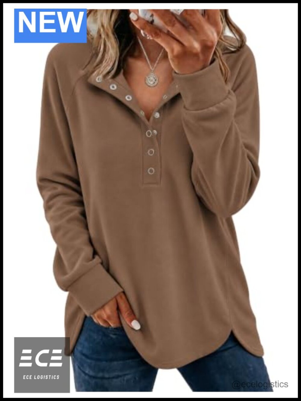 Naggoo Henley Oversized Tunic Sweatshirt Button V-Neck Pullover Top